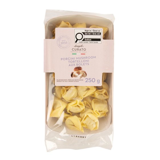Longo&rsquo;s Curato porcini mushroom tortelloni, fresh Italian mushroom-filled pasta in a 250 g package.